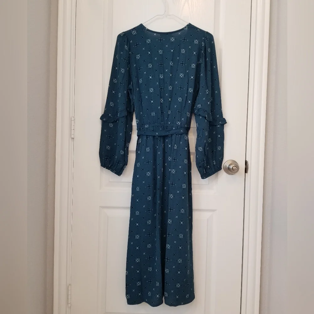 Teal Stamp Print Flutter Long Sleeve Faux Wrap Dress - Knox Rose - Picture 8 of 8